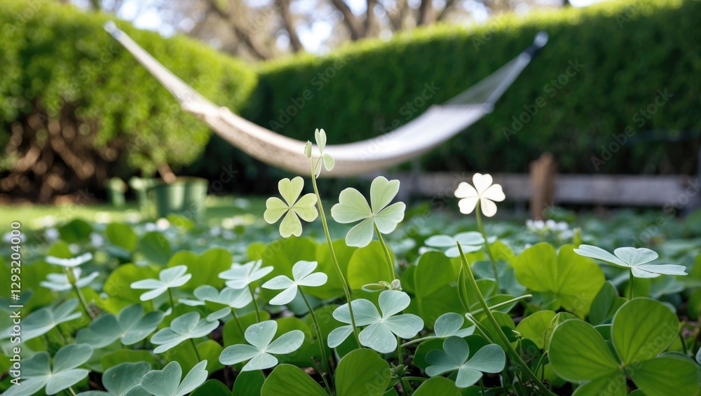 Poster close-up of white clover and shamrock in a vibrant garden with a hammock and lush bushes in the back