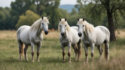 Obraz premium Wild white horses grazing in lush grassland at a regional park showcasing nature's beauty and serene landscapes near Arles France.