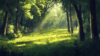 Obraz premium A Sunlit Path Through a Forest Clearing with Tall Trees and Lush Green Grass, Featuring Beams of Light Filtering Through the Canopy, Creating a Peaceful and Ethereal Scene.