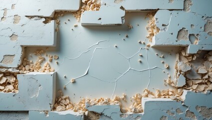 Cracked blue wall texture with peeling paint effects providing ample copy space for text or design elements in high-quality detail.