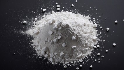 White mineral powder scattered on a dark surface showcasing texture and detail suitable for backgrounds or product displays.