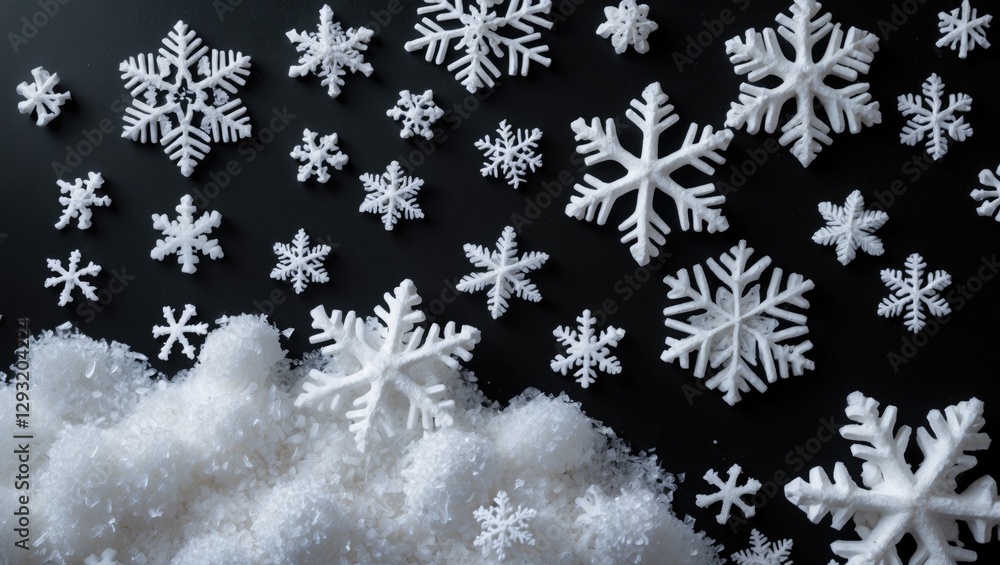 Poster artificial synthetic snowflakes and piles on a black background creating a festive and winter-themed