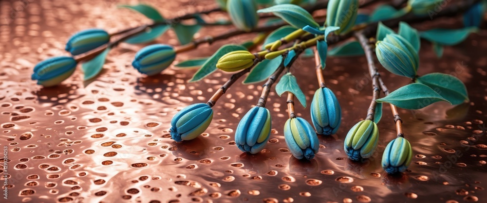 Poster colorful willow catkins on a textured copper surface with greenery creating an artistic botanical ar