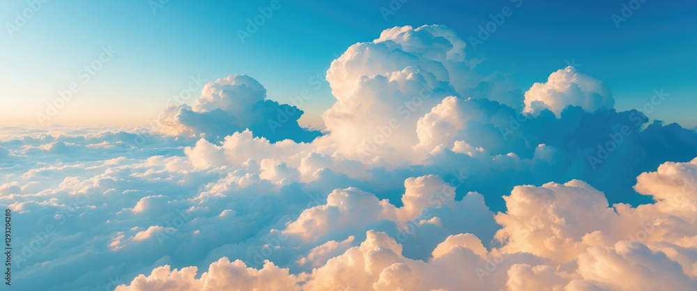 Poster serene sky filled with fluffy white clouds illuminated by soft sunlight creating a peaceful and calm