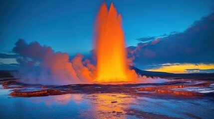 Stunning Eruption of Geyser at Sunset with Vibrant Colorful Sky