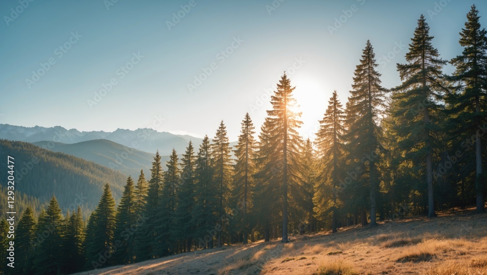 Aufkleber scenic view of towering pine trees illuminated by sunlight against a backdrop of mountains under a c