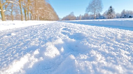 Snowy path, winter trees, sunny day, park background, winter scene