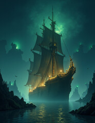  Generated image of majestic ship sailing through a starry, cloudy night sky
