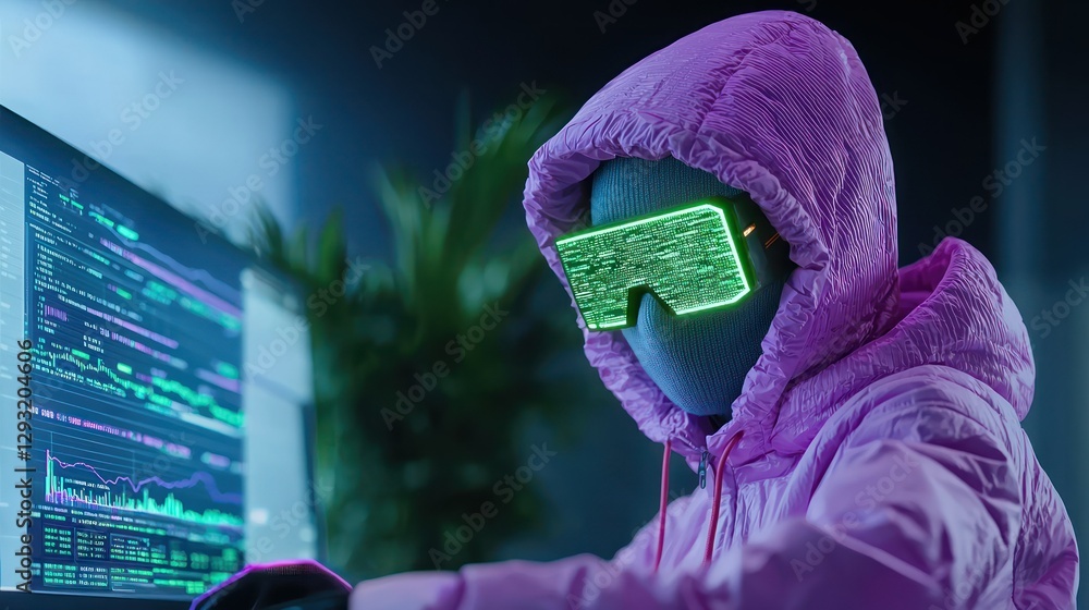Poster cybernetic visionary: a futuristic figure, concealed in a hoodie and illuminated cybernetic visor, n
