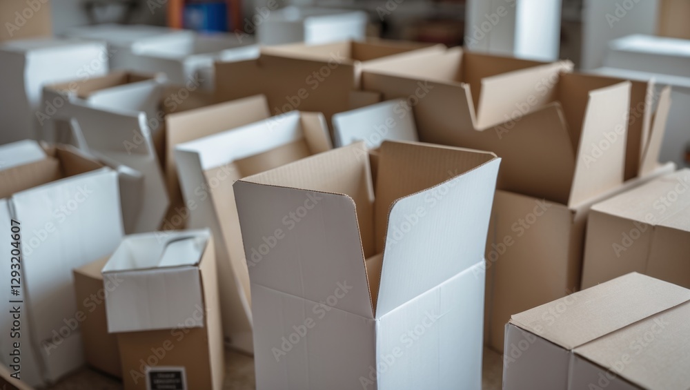 Poster assorted cardboard boxes in various sizes arranged on a surface showcasing packaging materials for s