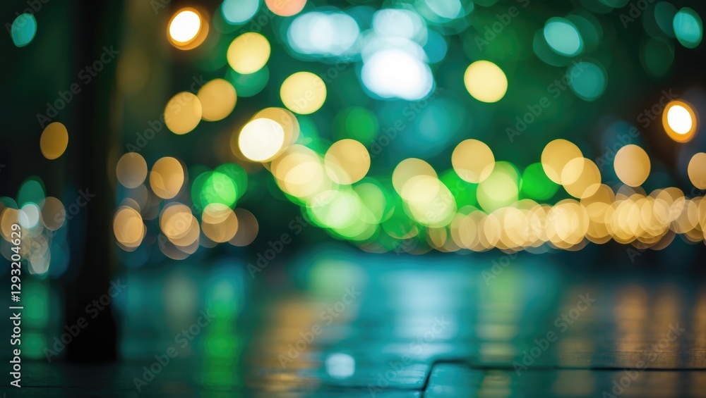 Poster bokeh lights background with predominant green hues creating a dreamy, soft-focus atmosphere for art