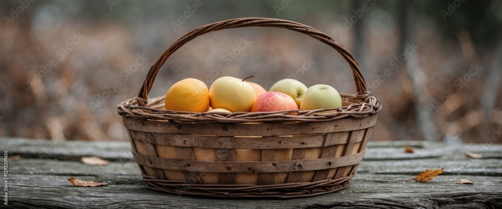 Poster wooden basket filled with fresh fruits on a table in nature with copy space for text and rustic back