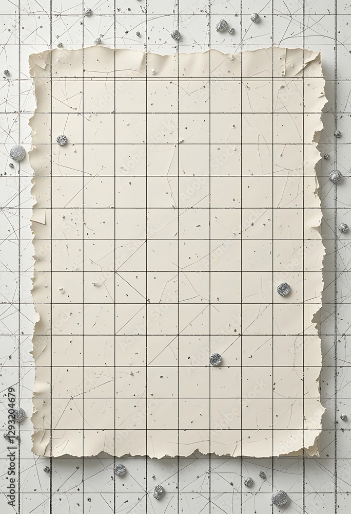Poster abstract grid texture with torn paper and decorative metallic elements