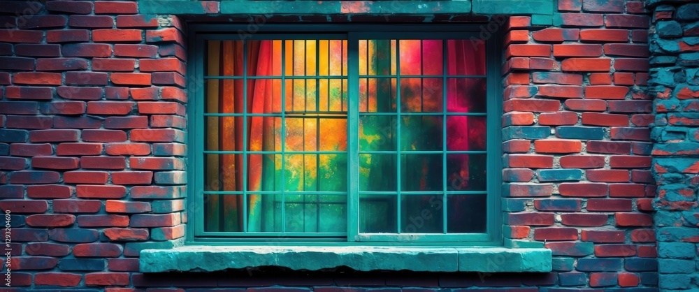 Canvas Prints colorful window lattice on a textured brick wall showcasing vibrant reflections and a charming rusti