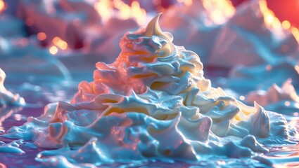 Fluffy white shaving cream in artistic presentation with vivid lighting creating a colorful background and soft textures.