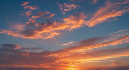 Naklejka premium Vibrant Sunset Sky with Colorful Clouds and Warm Hues Over Horizon at Dusk