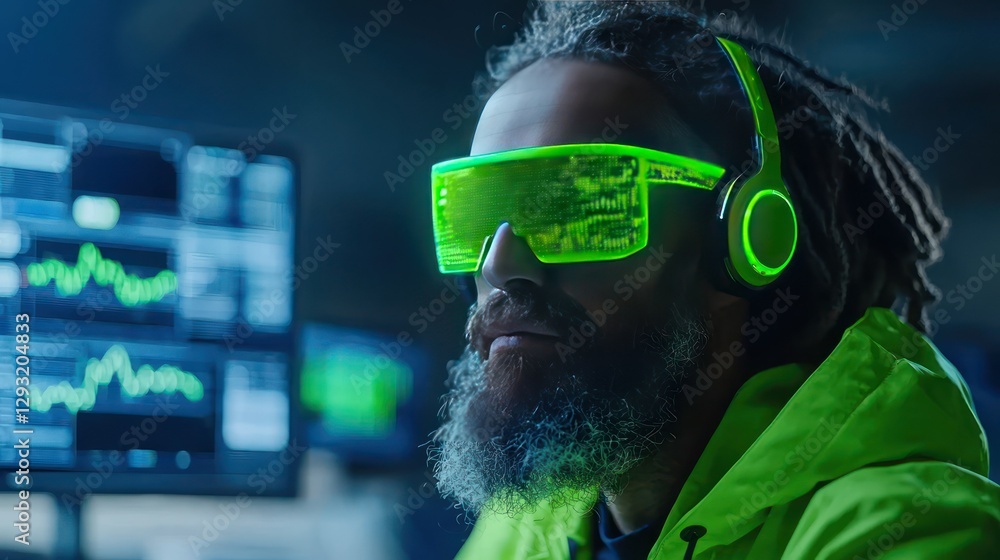 Poster visionary in vr gear: a tech-savvy man immersed in the digital world, illuminated by the glow of vir