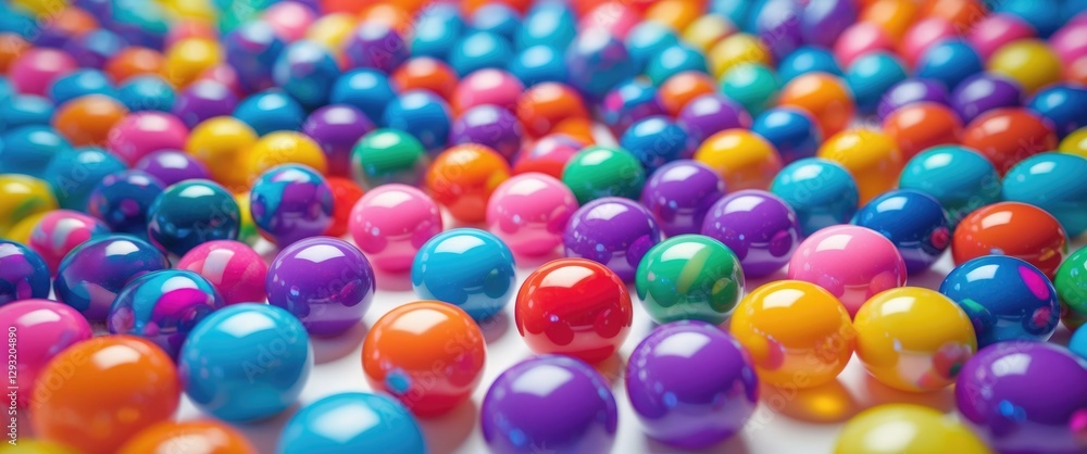 Poster vibrant assortment of glossy colorful beads scattered on a white surface creating a playful and visu