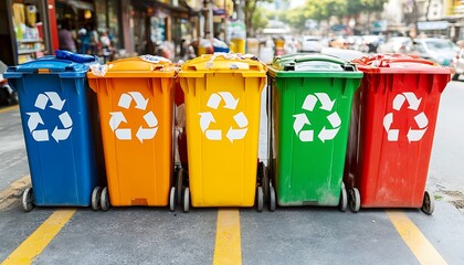 Colorful recycle bins line city street