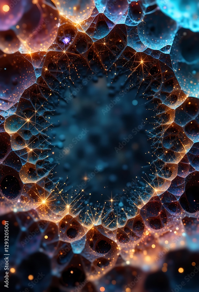 Poster abstract microscopic world of cells with sparkling particles background