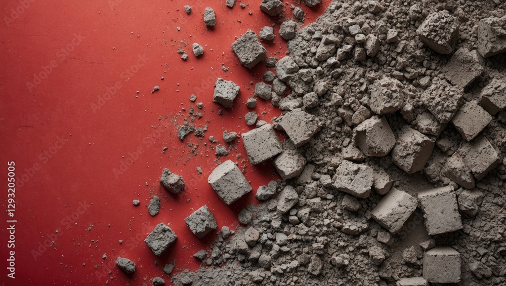 Poster cement texture with crushed stones on a vibrant red background showcasing construction materials for