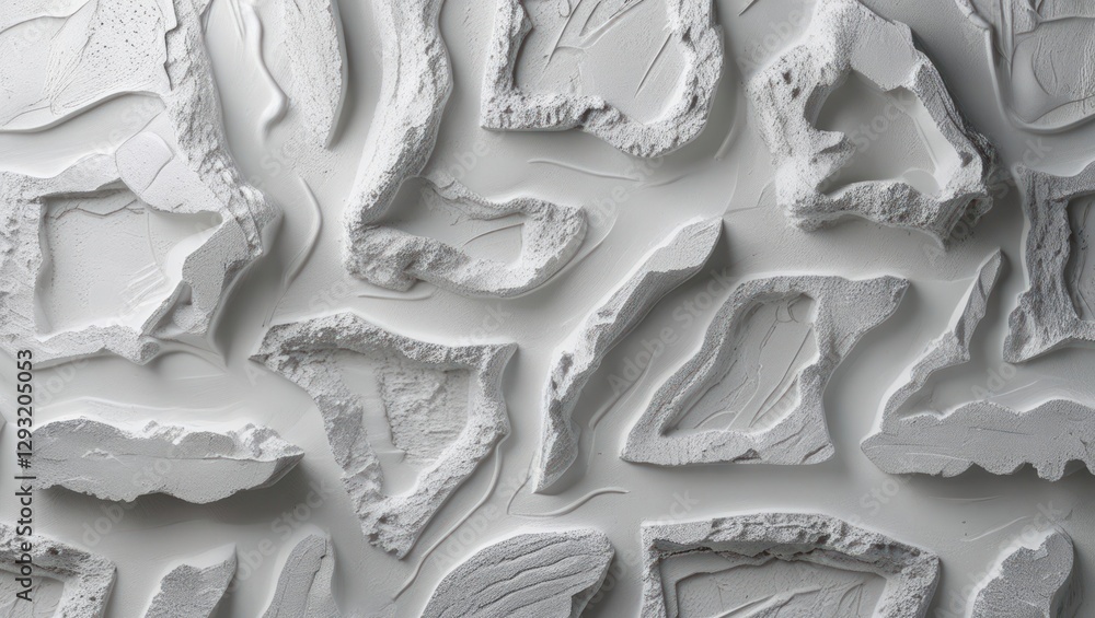 Poster textured white plaster wall with abstract patterns showcasing intricate details in a close-up macro 