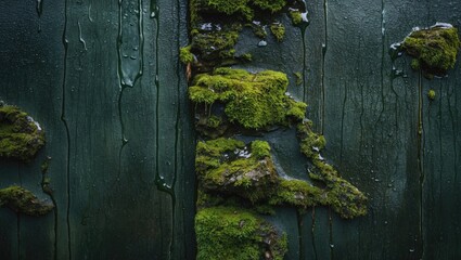 Mossy green wall with wet texture creating a natural and organic backdrop ideal for backgrounds and wallpaper designs.