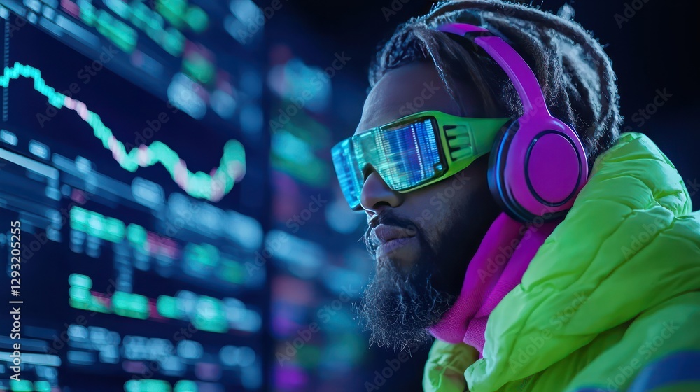 Aufkleber tech-savvy trader: a visionary trader, engrossed in analyzing market data on multiple screens, sport
