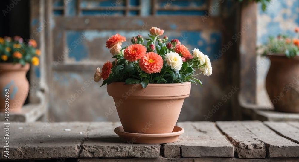 Poster clay flower pot with vibrant flowers on a rustic table against a weathered wooden backdrop featuring