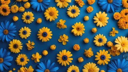 Bright blue and yellow flower arrangement on vibrant background showcasing creativity and beauty in floral design and color contrast.