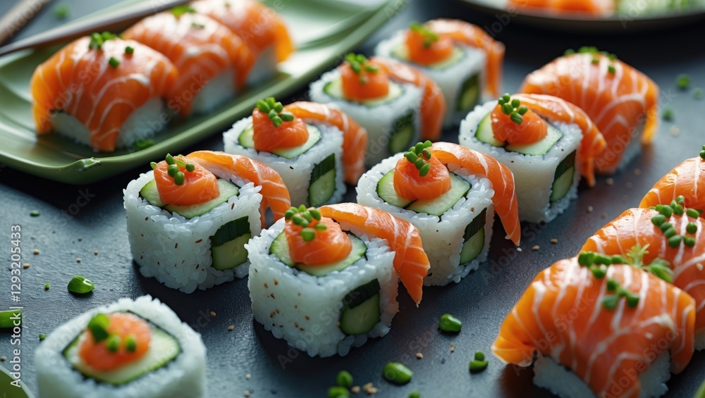 Poster philadelphia maki sushi rolls with cream cheese and cucumber topped with salmon on dark table with c