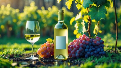 Fototapeta premium White Wine Bottle With Glass And Fresh Grapes Surrounded By Lush Vineyards Under Bright Spring Sunshine