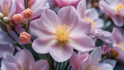 Naklejka premium Blossoming Beauty Close-Up of Delicate Pink Flower with Buds in Background Highlighting Nature's Elegance and Floral Details