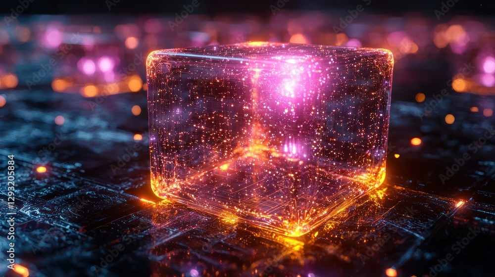 Poster glowing cube: an illuminated cube radiates with an ethereal, futuristic glow, positioned on a dark s