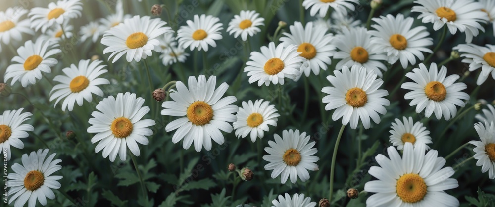 Poster white daisies in bloom with lush greenery and space for text overlay in serene garden setting