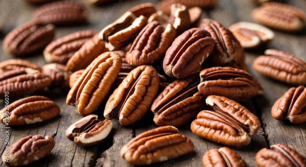 Poster pecan nuts arranged on rustic wooden surface showcasing their rich texture and color ideal for culin