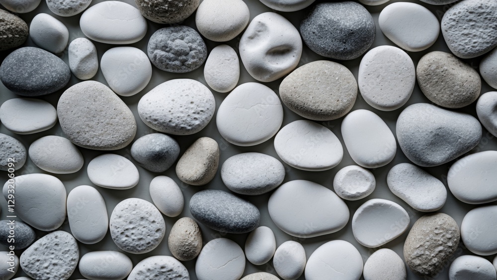 Poster smooth white pebbles arranged in a natural pattern creating a calming and minimalist background text