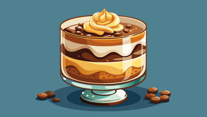 A cross-section view of a chocolate trifle with caramel in a clear glass. The dessert is layered with chocolate cake, creamy chocolate filling, caramel sauce, and whipped 