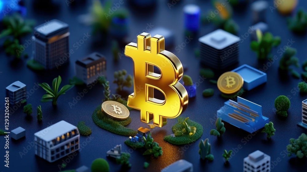 Poster bitcoin's digital ecosystem: a captivating digital rendering of the bitcoin symbol, surrounded by a 
