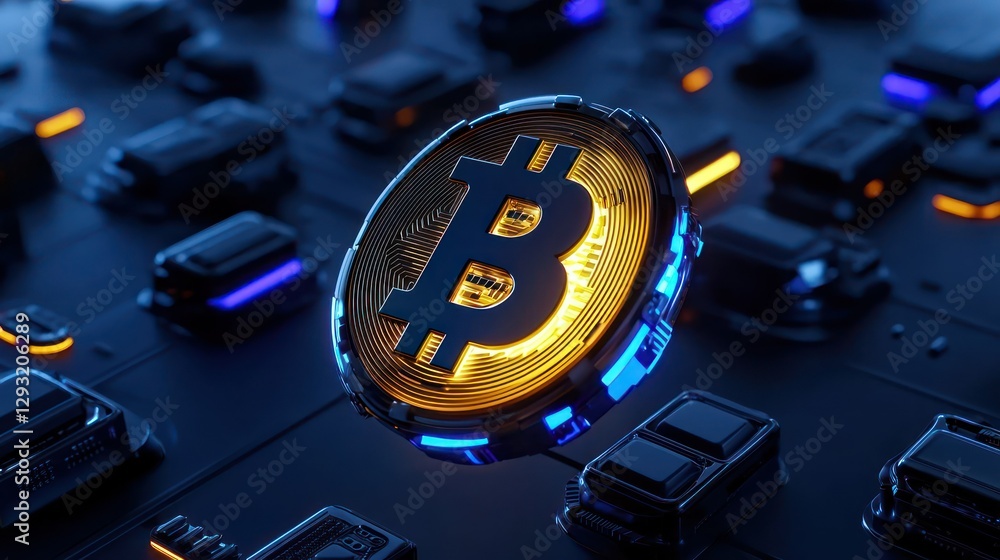 Poster bitcoin in the digital realm: a golden bitcoin takes center stage in a futuristic, high-tech setting