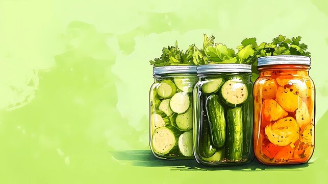 Assorted pickled vegetables in a rustic jar, showcasing vibrant colors and textures, preserved in brine for a healthy probiotic-rich snack, vintage illustration style