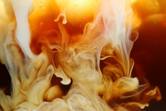 Refreshing coffee with ice and milk as background, closeup