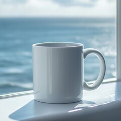 Obraz premium White mug on windowsill by ocean