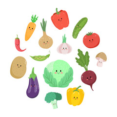 Pretty collection of cartoon vegetable characters isolated on white background. Funny illustration in hand-drawn style.