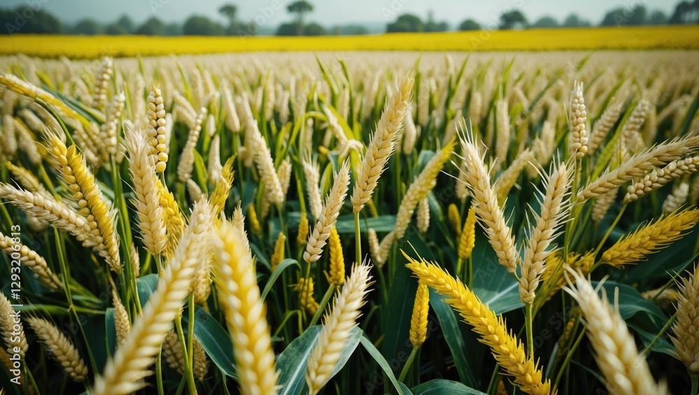 Poster golden wheat fields with lush green stalks and empty sky for text overlay ideal for agriculture and 