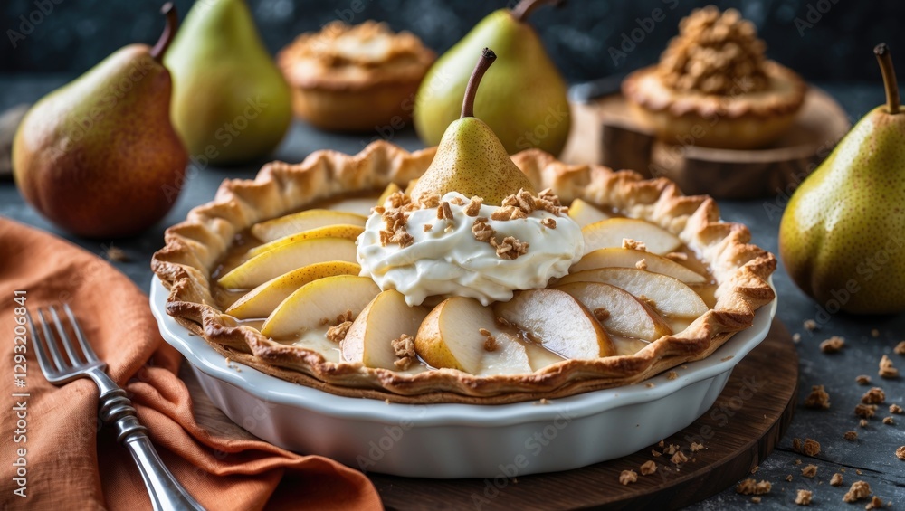 Poster homemade pear pie garnished with whipped cream and nuts fresh pears on rustic table with orange napk
