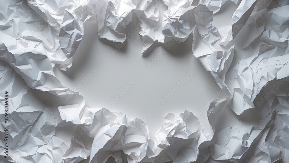 Poster crumpled white paper background with a central blank space ideal for creative design and text overla