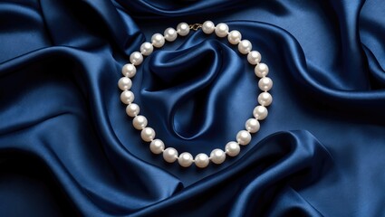 Elegant pearl necklace elegantly arranged on luxurious dark blue satin fabric for a refined and sophisticated look.