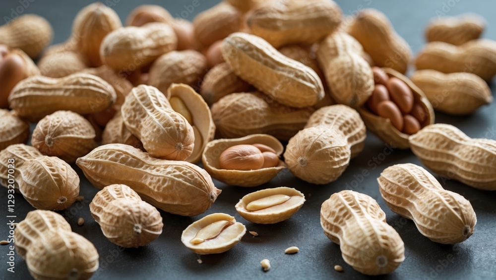 Poster peanuts in their shells scattered on a table showcasing various shapes and textures of this nutritio
