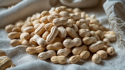 Fototapeta premium Peanuts scattered on textured cotton fabric with natural lighting highlighting details in a macro shot showcasing their unique shapes.